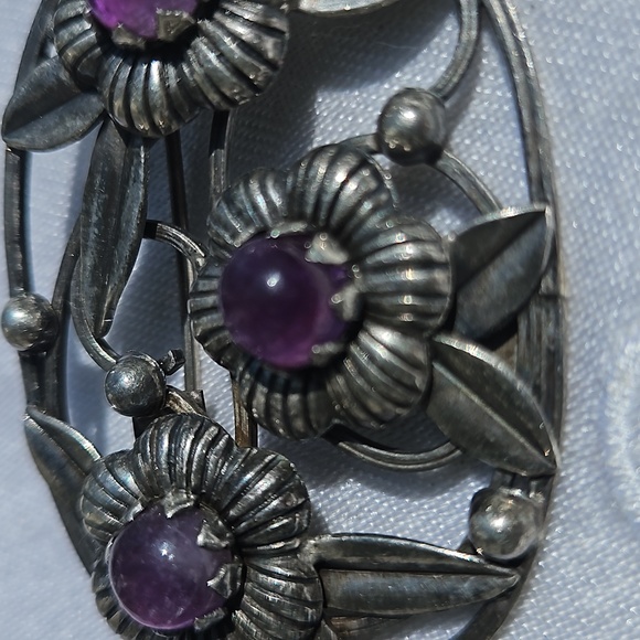 Vintage 980 Mexican Taxco Silver Amethyst Margarita Oval Brooch #109 - Picture 2 of 4
